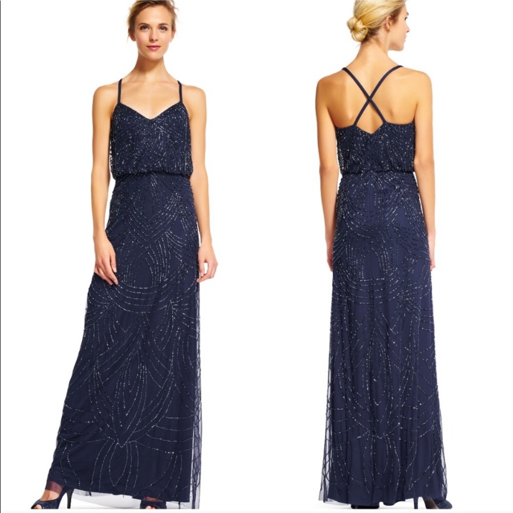 Adrianna Papell Navy Beaded Floor-Length Spaghetti Strap Gown